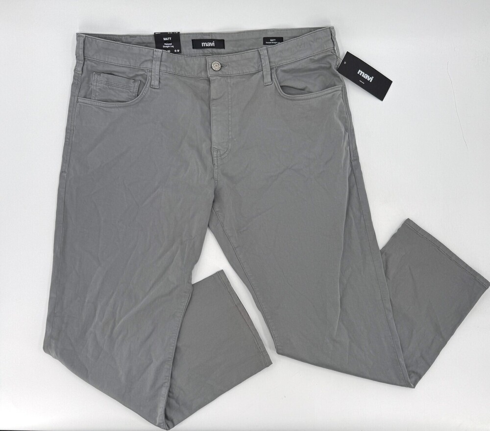 Mavi Matt Pants Mens 40x30 Light Grey Relaxed Straight Leg Shark Skin Twill